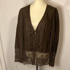 Peck & Peck Weekend Linen Crochet Trim Brown‎ Blouse Size 14